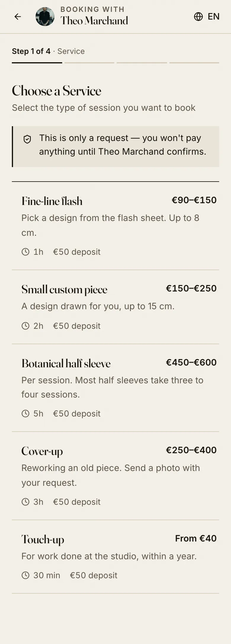 The new first booking step on a phone: Step 1 of 4, the artist's name at the top, and the services listed on paper with their prices