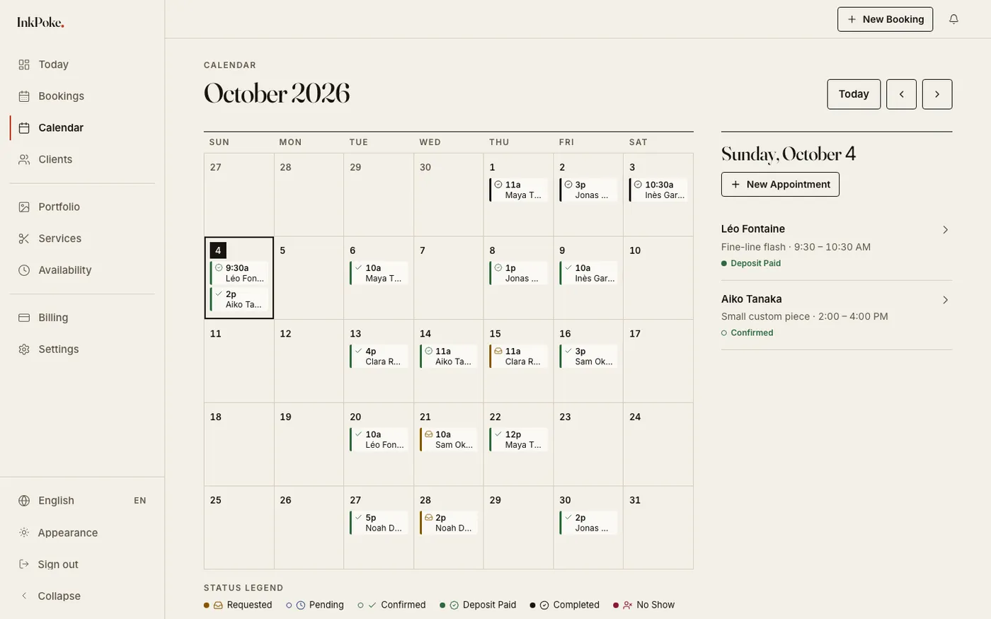 The new calendar: a month grid ruled in fine ink lines on paper, bookings shown as short labels with the time and the client's name