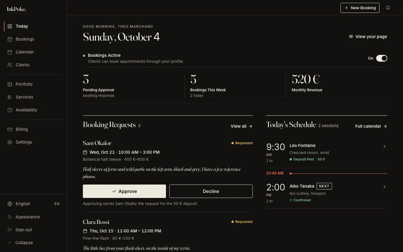 The Today screen in dark mode: the same layout in warm off-white text on deep ink