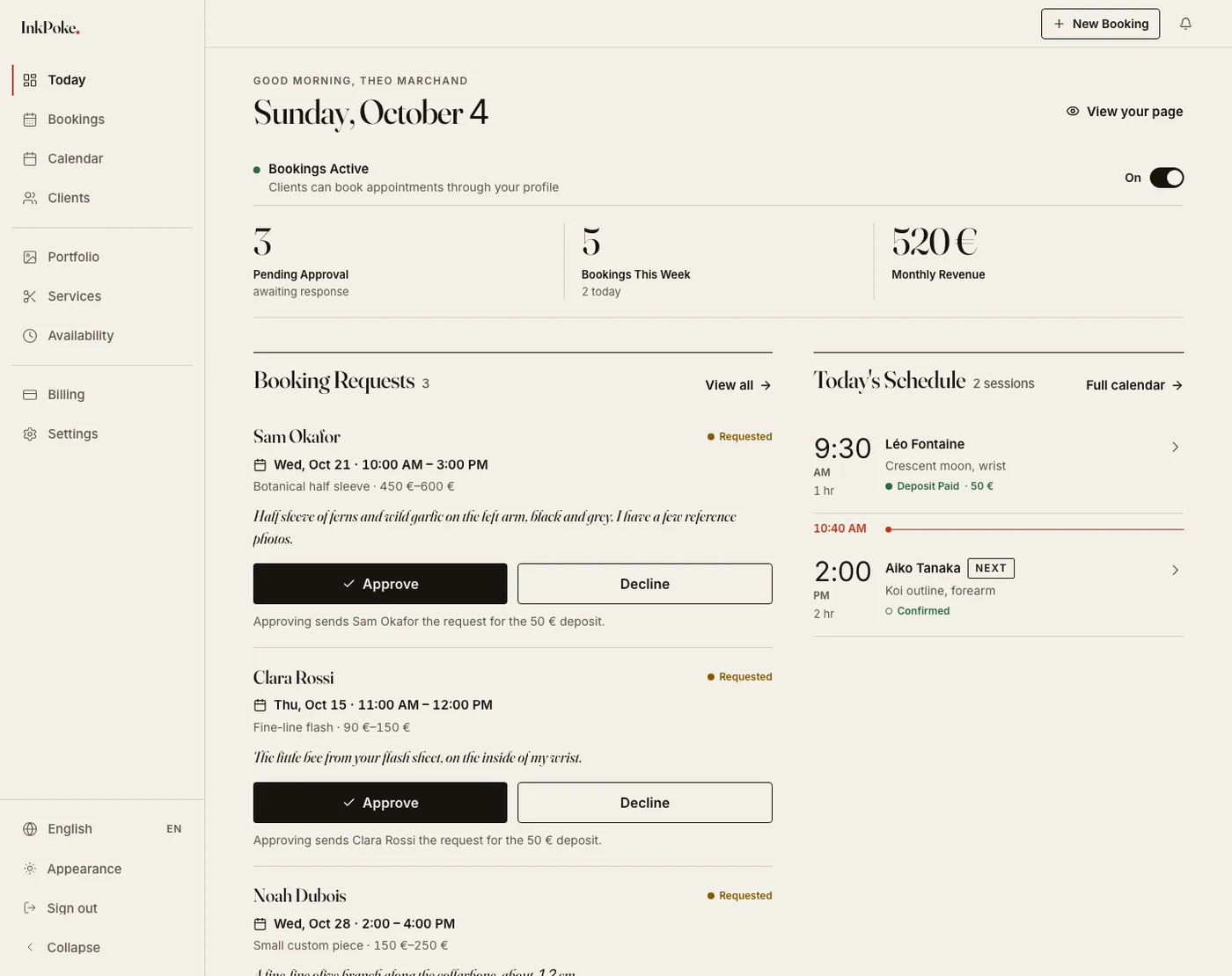 The new Today screen on paper: the date as a headline, three figures, then the pending booking requests with Approve and Decline buttons