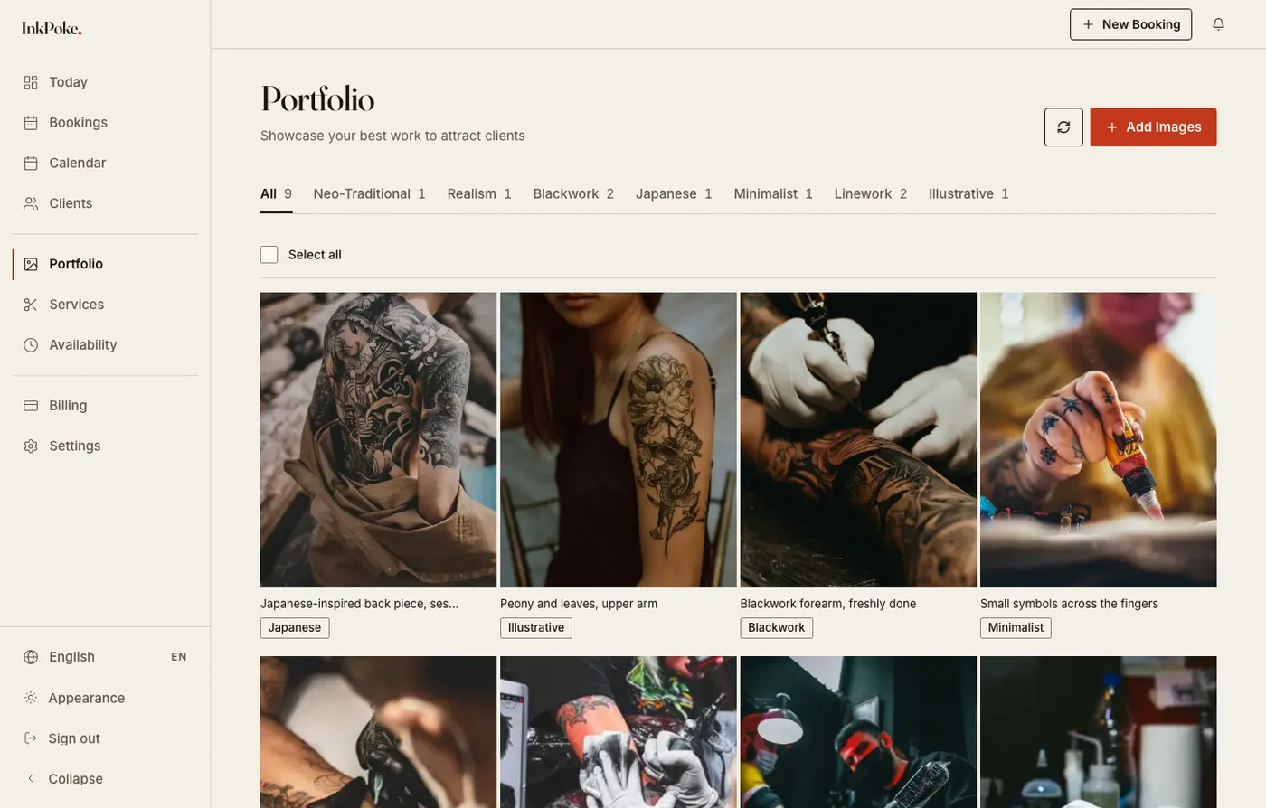 The new portfolio page: the same kind of tattoo photos in an even grid on paper, with style filters as underlined tabs