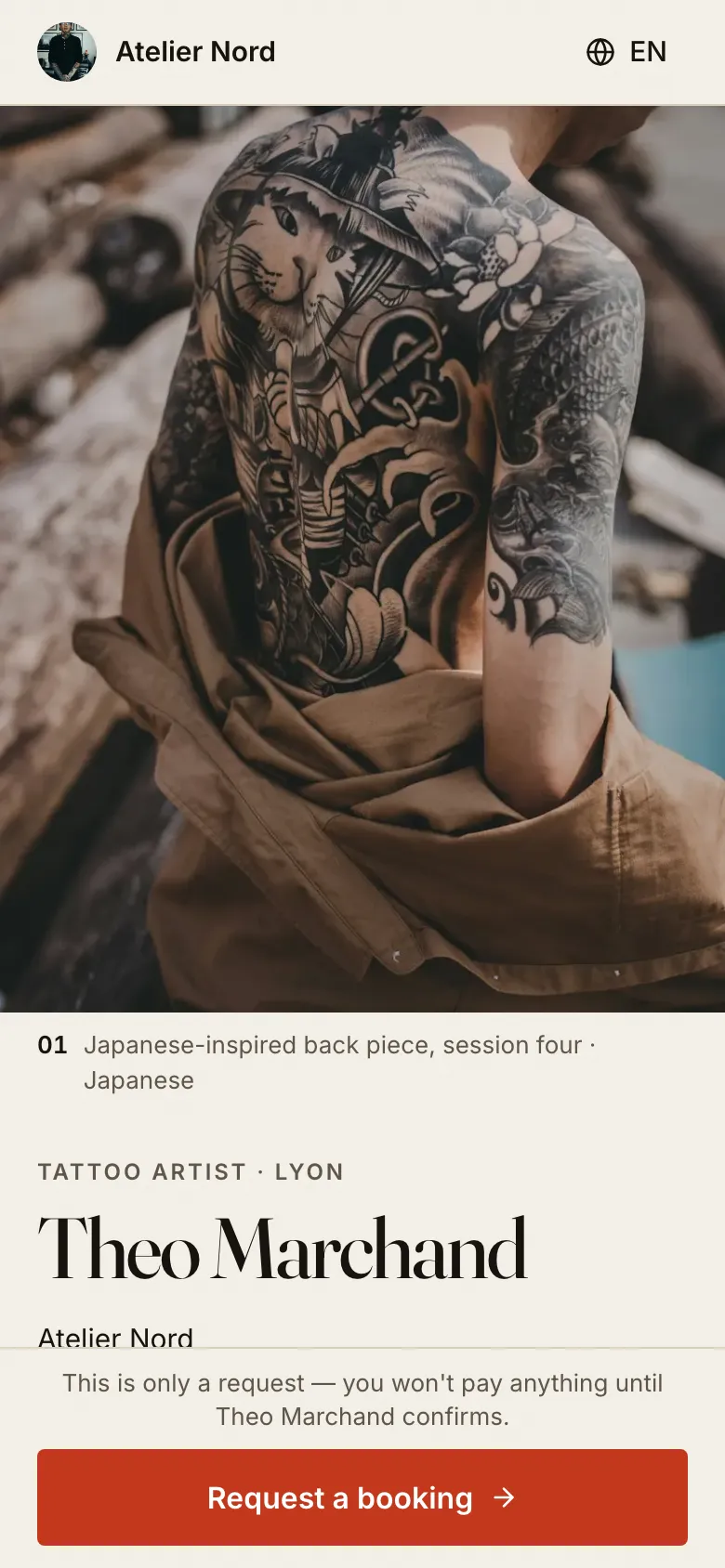 An artist's public InkPoke page on a phone: a large tattoo photo at the top, the artist's name in a serif typeface, and a red Request a booking button at the bottom