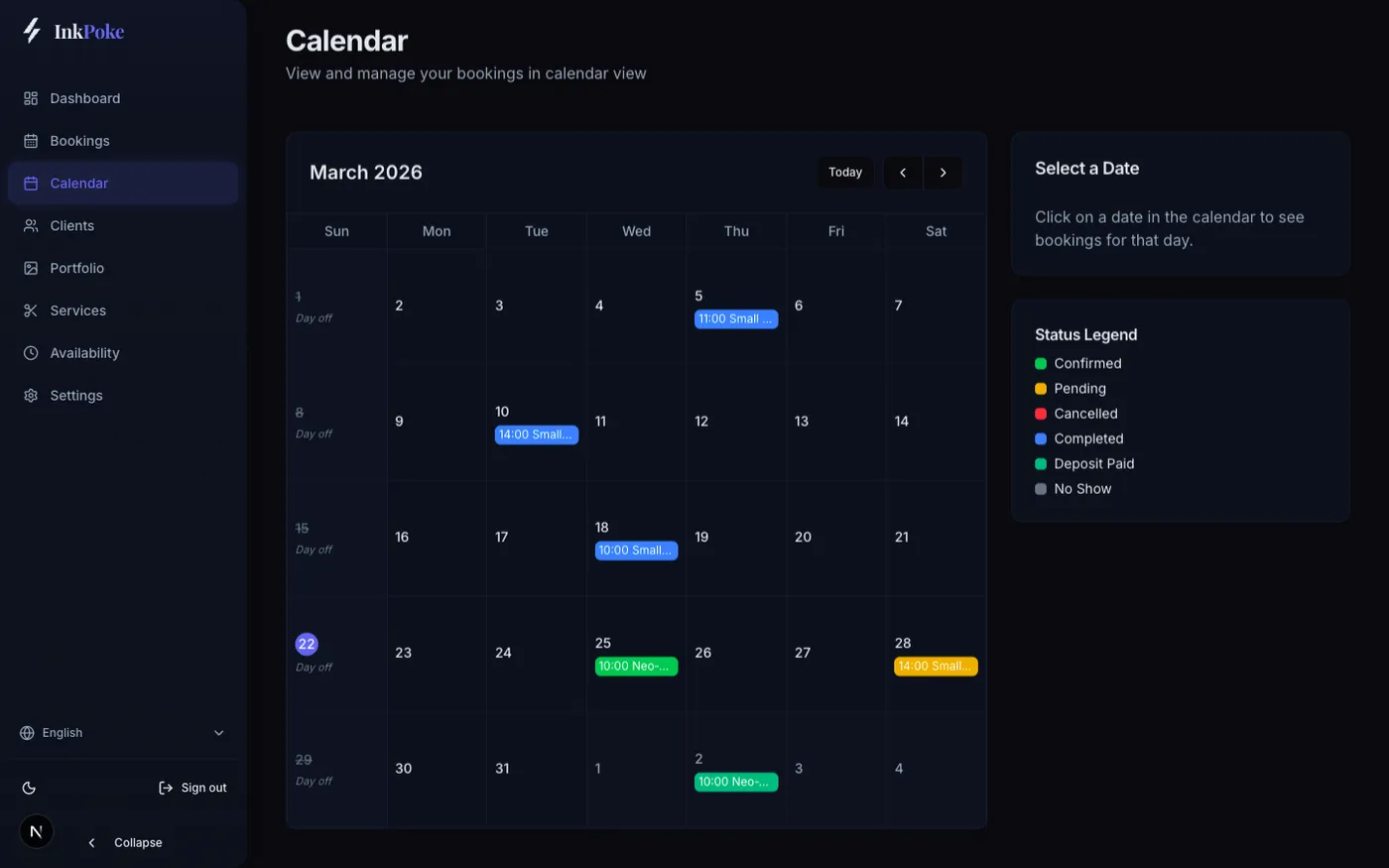 The old calendar: a dark month grid with bright blue, green and yellow booking chips and a colour legend