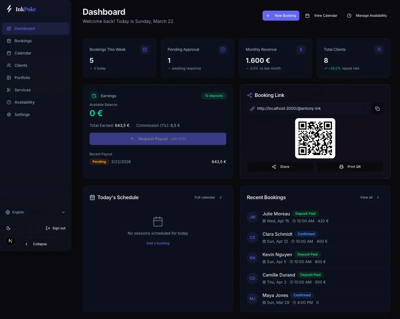 The old InkPoke dashboard: a dark indigo screen with four statistic cards, an earnings panel, a QR code and a list of recent bookings