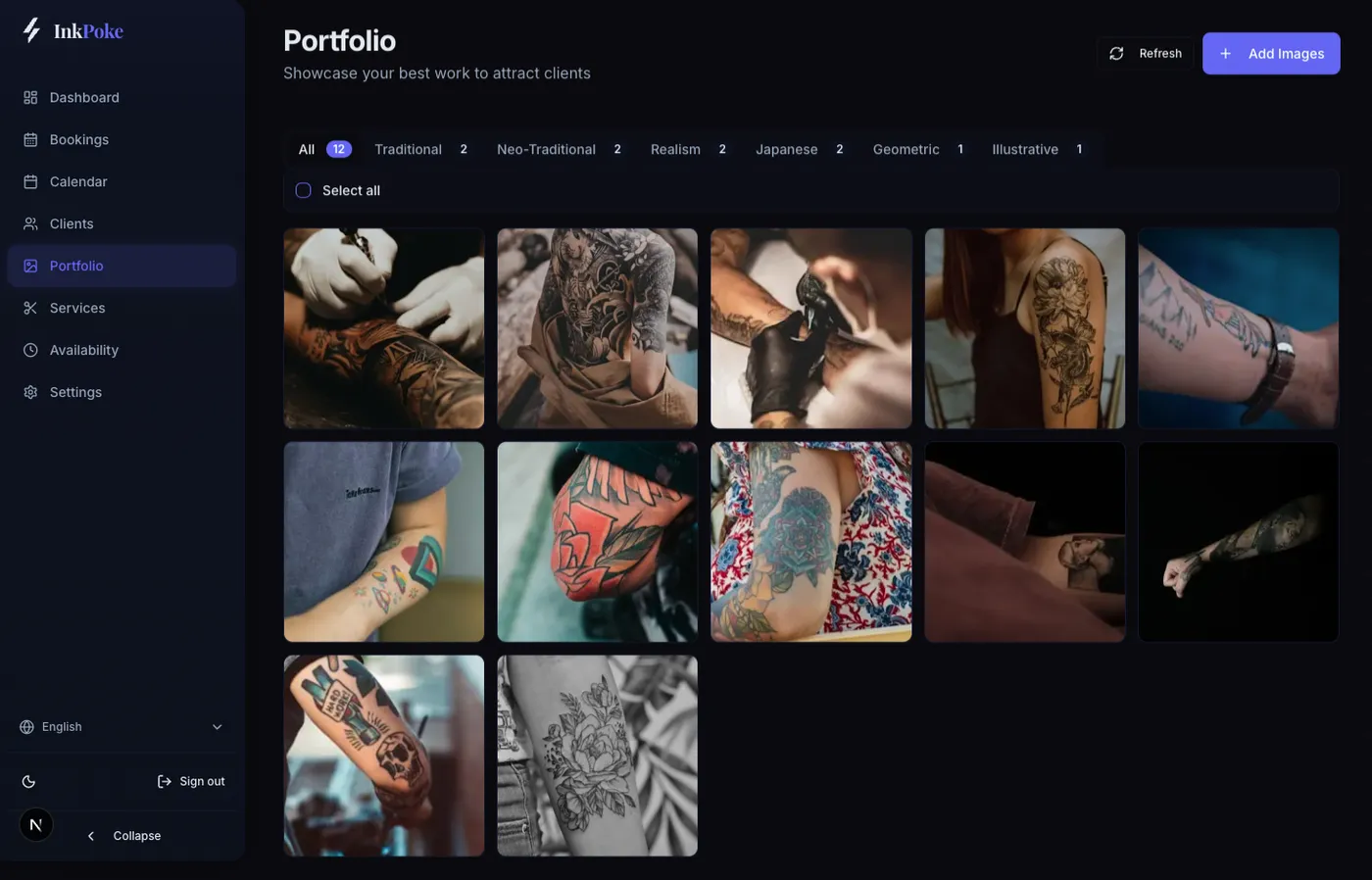 The old portfolio page: a grid of tattoo photos on a dark background with purple style filters