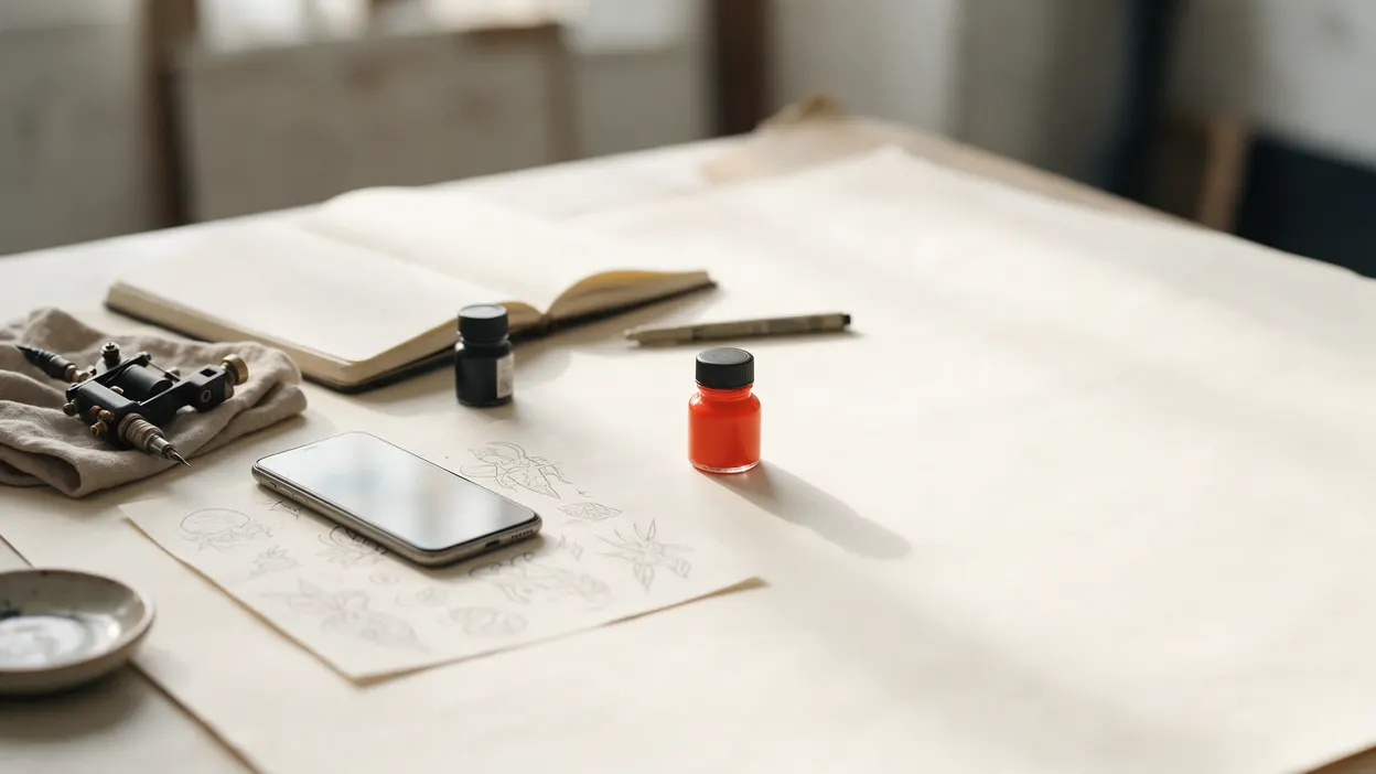 A smartphone lying on a sheet of fine-line tattoo flash on a paper-covered desk, beside a black and a vermilion ink bottle, a sketchbook and a tattoo machine on a linen cloth
