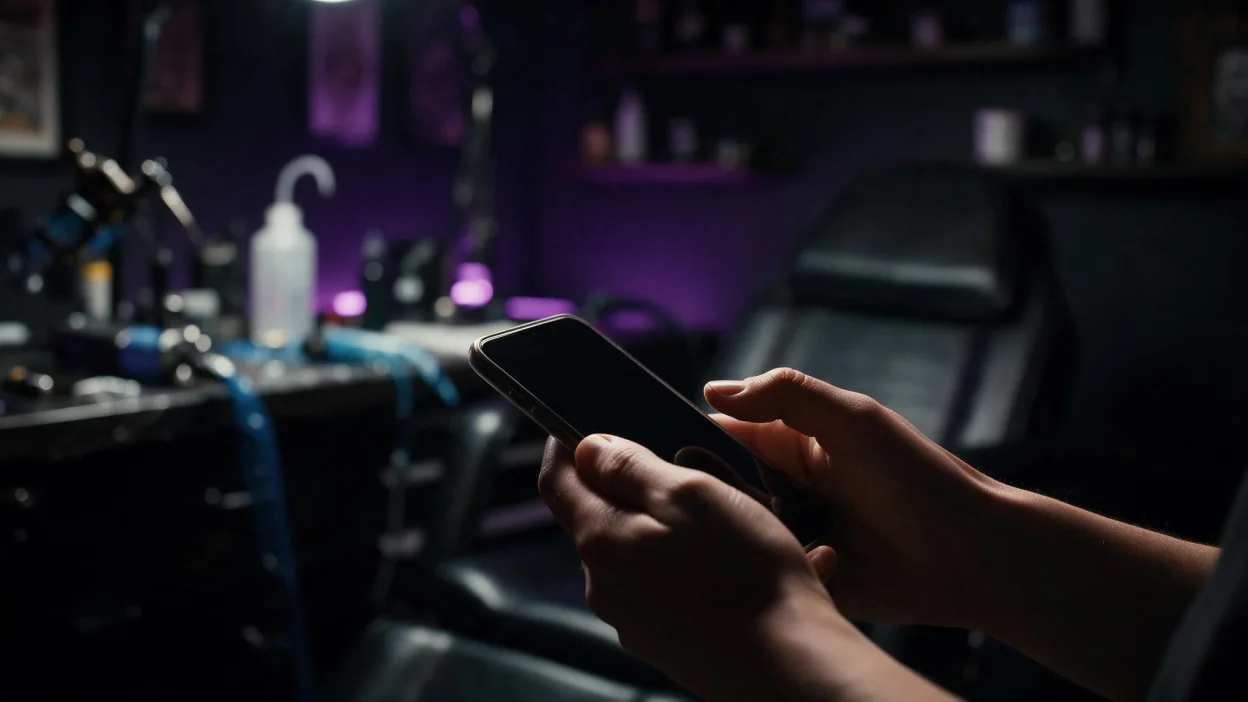 A client holding a smartphone in a dimly lit tattoo studio, the screen dark, with the workstation and chair behind them